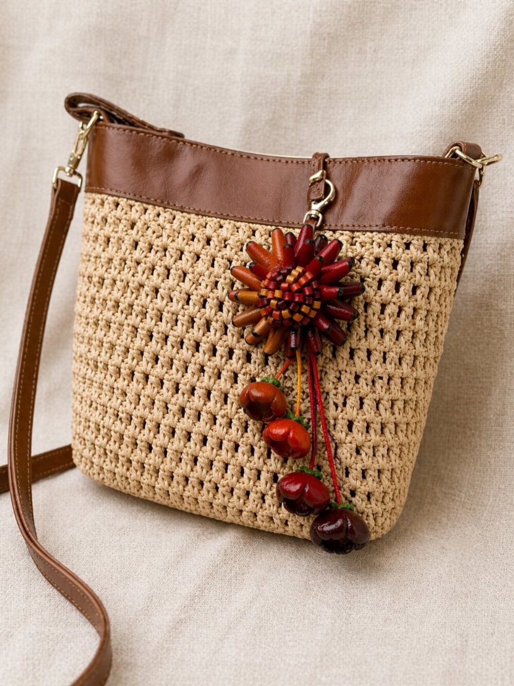 Handmade Leather Floral Bag Charm 🌺 Red Artisan Keychain
